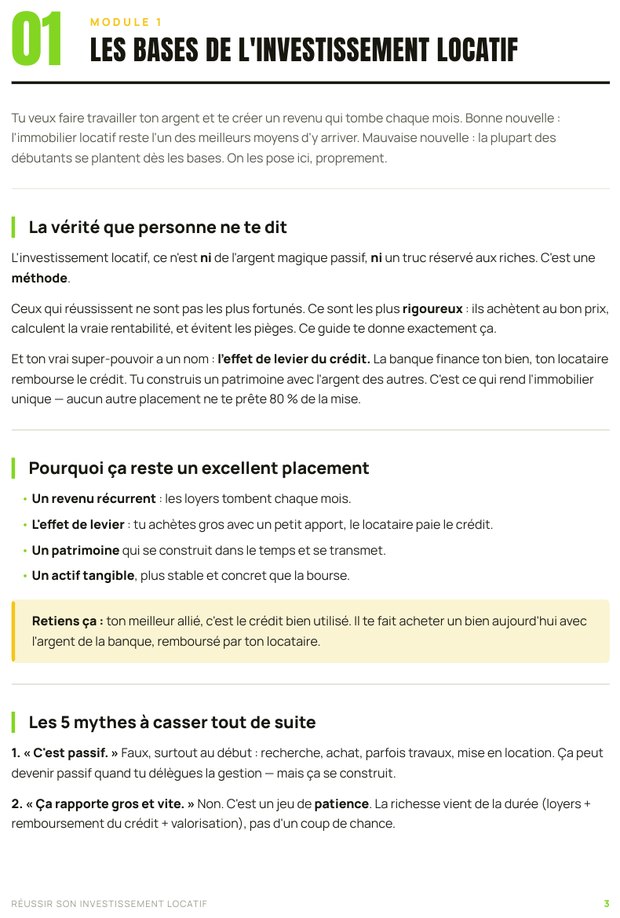 Une page intérieure du guide, module 1 : les bases de l'investissement locatif